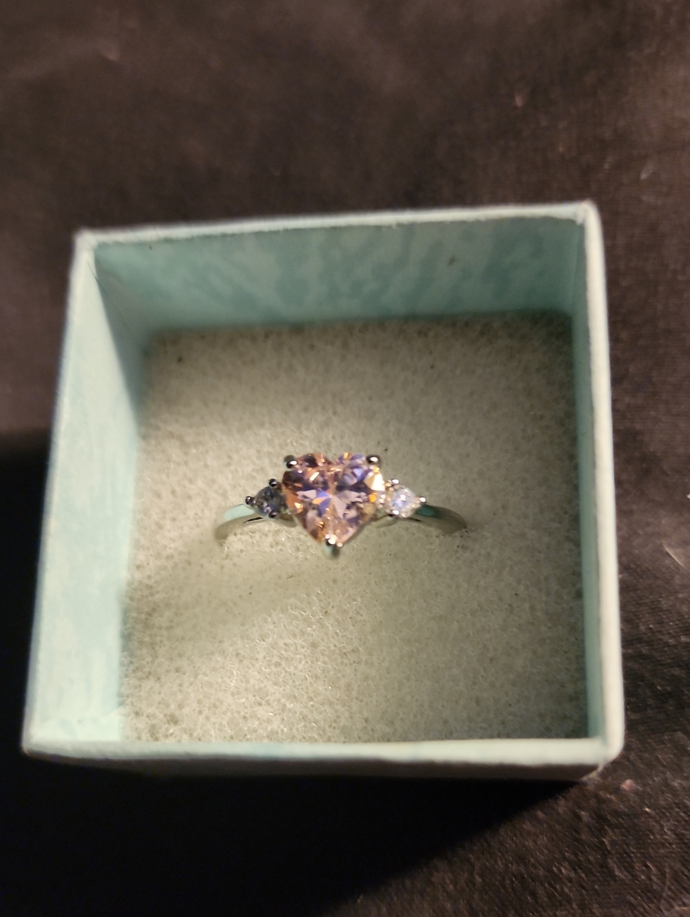 Heart-Cut Silver Ring with Light Pink Center Stone